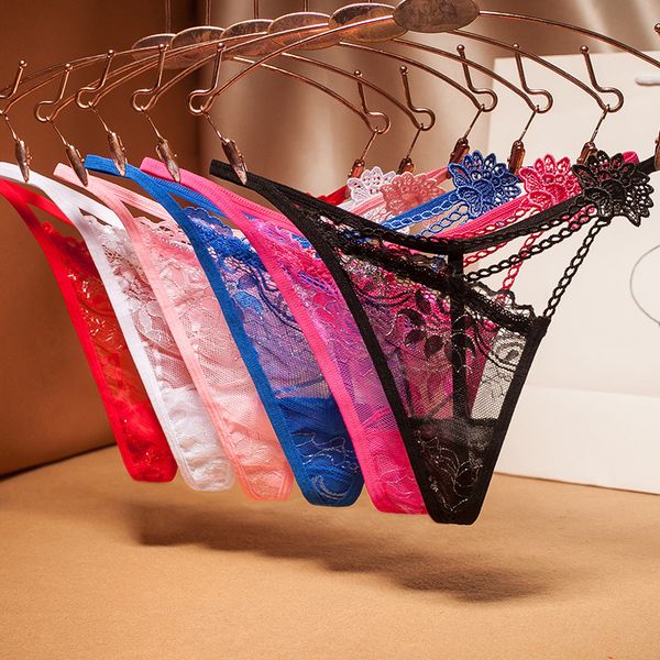 

thong full transparent underwear seduction lace embroidery panties women's low waist hollow out t-pants g-string, Black;white
