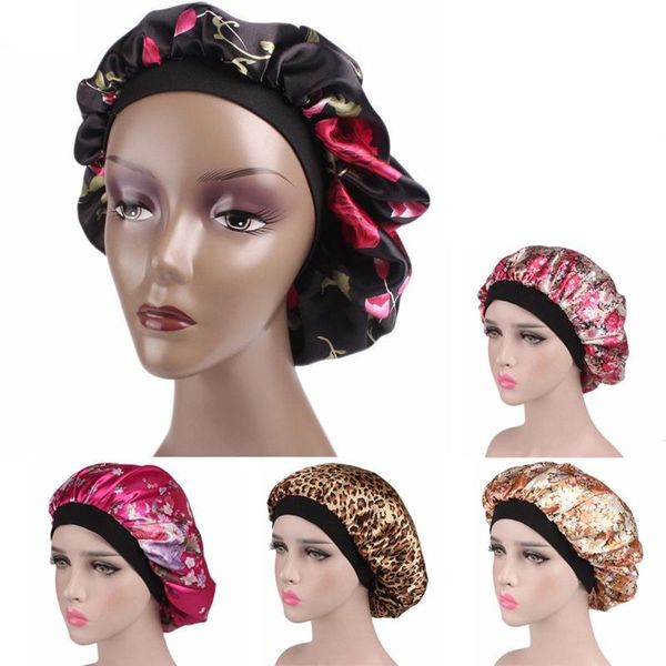 

wide-brimmed printed double-layer waterproof shower cap satin sleep hat hair cap hat silk hood loose band