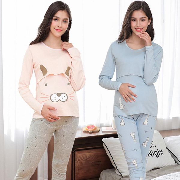 

comfortable specially easy breastfeeding design cartoon animal maternity nursing pajama set long sleeve breastfeeding pants, White