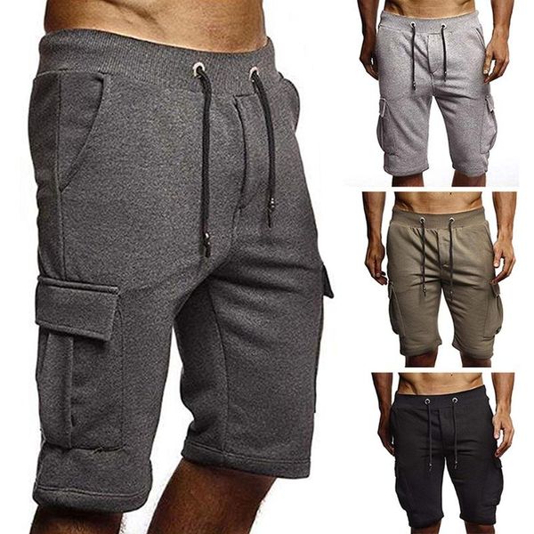 

workout running shorts casual men solid knee length short pants pockets streetwear drawstring mens shorts, Black