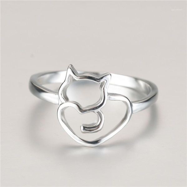

fashion silver color cute cat animal engagement ring sweet heart-shaped simple wedding rings for women boho belleza jewelry gift1, Slivery;golden