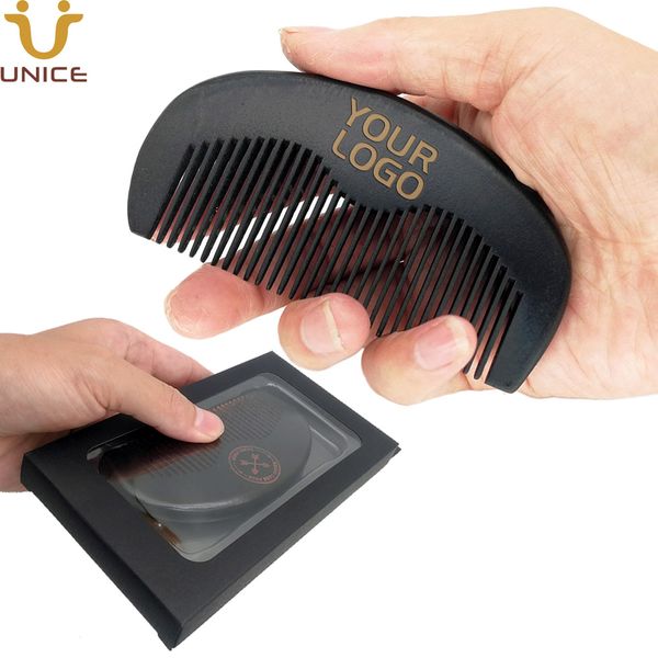 

moq 100 pcs laser engraved customized logo black hair combs wooden beard comb for men & women in retail window paper case, Silver