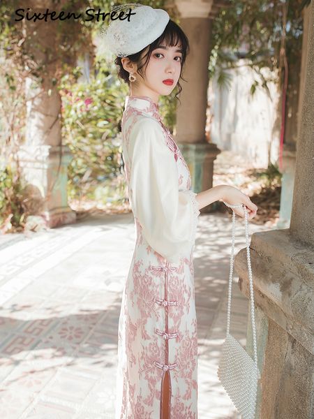 

2021 cotton long bow improved floral female dress cheongsam split mid-calf sheath dressed as elegant pink summer party 9ylg, Black;gray