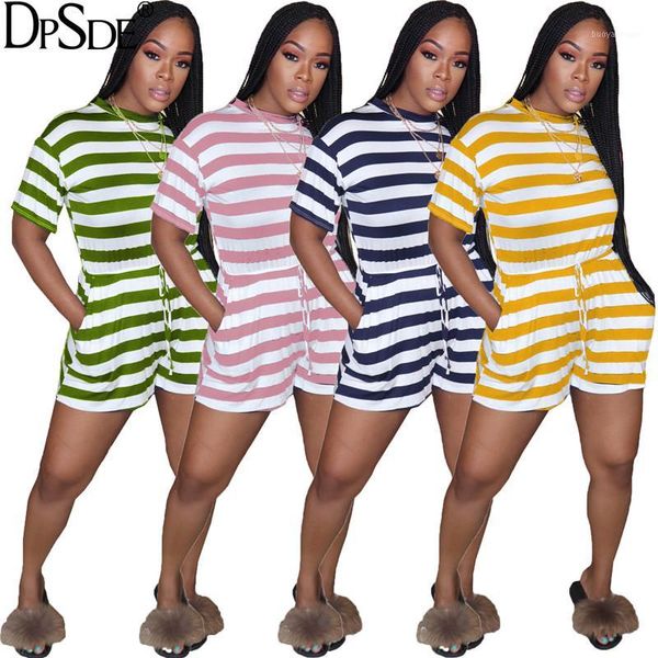 

women's jumpsuits & rompers 2021 summer women fashion street casual style short sleeve round neck striped pockets pants1, Black;white