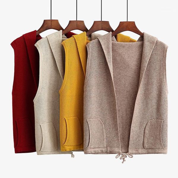 

2019 new autumn winter casual hooded knit cardigan for women plus size loose short sleeveless sweater female vest knit waistcoat1, Black;white