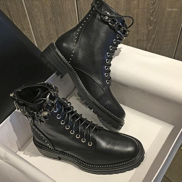 

lxuury brand crystal women ankle boots genuine leather chian lace up women short boots ruwnay flats winter ankle 411, Black