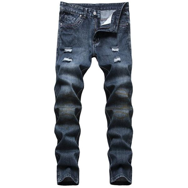 

men's jeans ripped denim trendy men pants dropship personalized printing european and american tattered, Blue