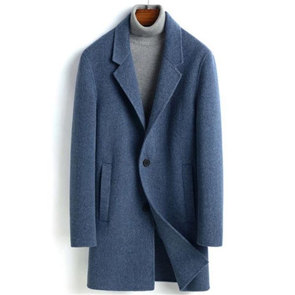 

men's wool & blends winter albaca storm blue windbreaker woollen and coat medium length thickened double cashmere for men, Black