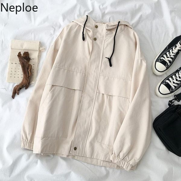 

neploe jackets women spring 2020 new vintage ins zipper long sleeve female coats loose casual hooded cotton ladies 1b9781, Black;brown