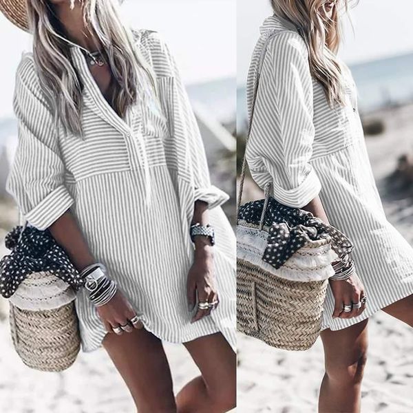 

stylish stripe shirt dress women's summer mini sundress zanzea 2020 casual long sleeve button short vestidos oversized robe 5xl1, Black;gray