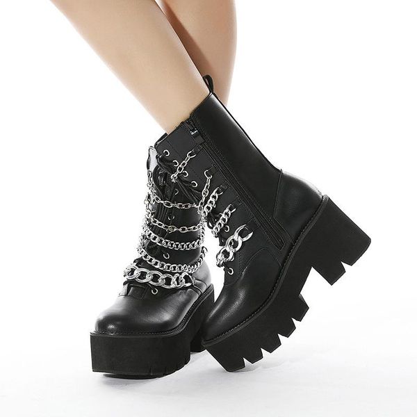 

women's platform punk ankle boots big size 42 woman lace up pumps ladies chain high heels women waterproof shoes female footwear, Black