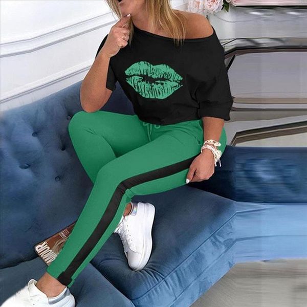 

adisputente женщины печать сцепление наборы леди 2021 лето сексуальное плечо 2 шт. установите модную блузку упругие талии длинные брюки, Gray