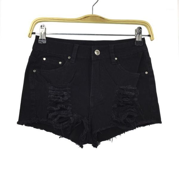 

2020 new summer european and american fashion personality black openwork folds casual straight female denim shorts1, Blue