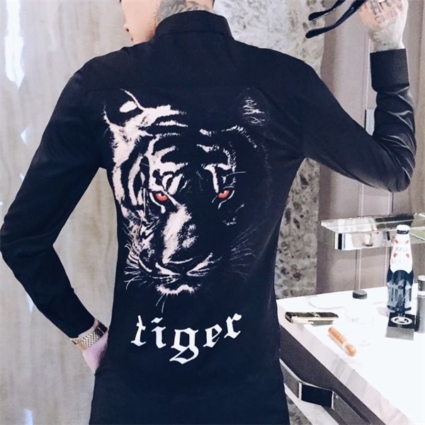 

autumn 2020 long sleeve streetwear tiger head print slim fit casual shirts party dress men shirt c1212, White;black