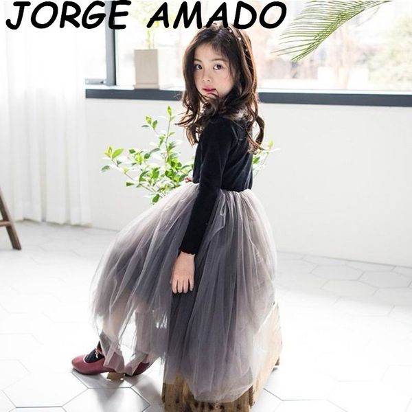 

2020 autumn winter new girls dress black gray soft tulle long sleeve princess dress for girls kids clothes ajl006, Red;yellow