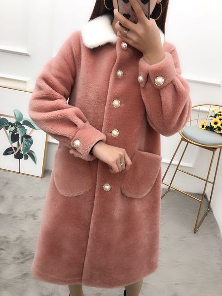 

new women winter lambskin collar mink long section wool fur coat 4uac, Black