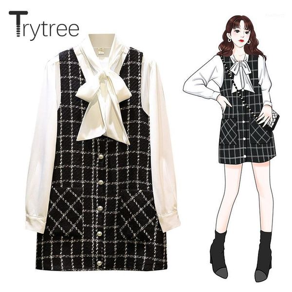 

trytree autumn women two piece set single breasted casual bow blouse + dress mini plaid kintted pockets office lady 2 piece set1, Gray
