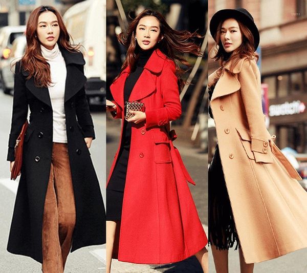 

double breasted thicker warm woolen coat female winter thickening women's was thin long cashmere woolen coats with belt wq22971, Black