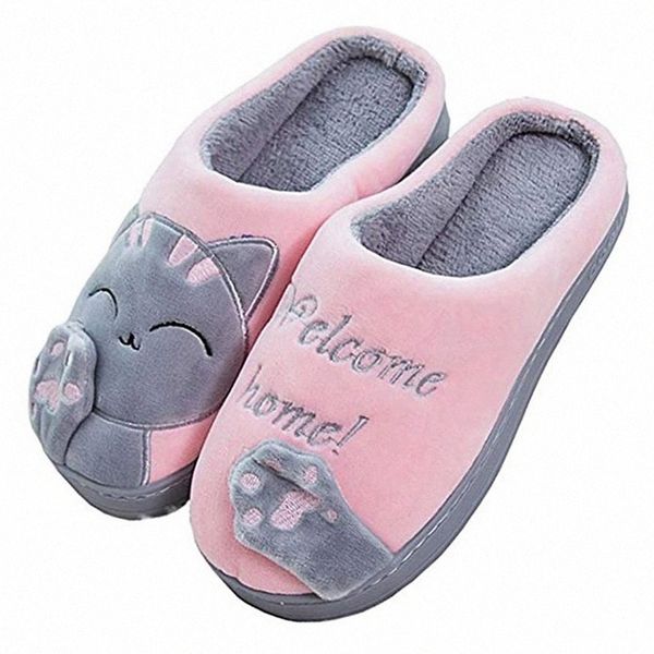 

women winter home slippers cartoon cat shoes non-slip soft winter warm house slippers indoor bedroom lovers couples floor shoes #xf0d, Black