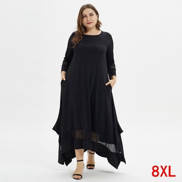 

plus size 4xl 5xl 7xl 8xl bust 132 large size women's dress autumn and winter round neck long sleeve loose stitching black robe 201008, White;black