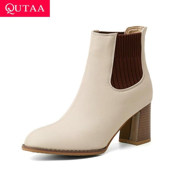 

qutaa 2021 pu кожаные ботильоны мода квадратный высокий каблук женская обувь случайные круглые носки осень зима женские насосы большой разме, Black