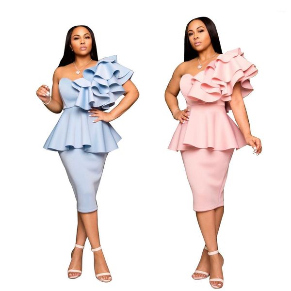 

pack hip skinny dresses famale sleeveless clothes women ruffle one shoulder dress solid color waist down, Black;gray