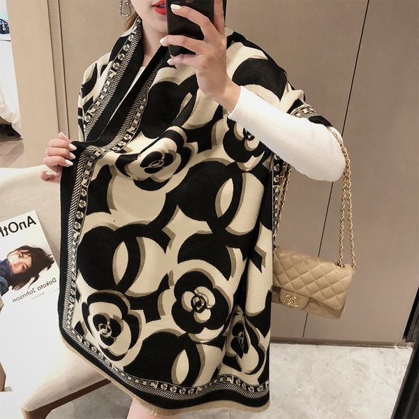 

coak8 autumn and winter 2020 warm scarf shawl new korean cashmere scarf women's shawl warm double camellia dual use long neck, Black;white