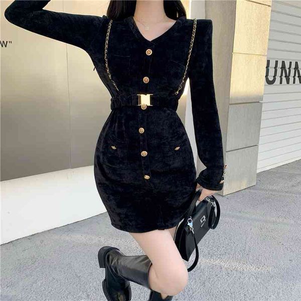 

chic strap chain dress v-neck single breast belt pockets stitching spring ins fashion slim hip short dresses, Black;gray
