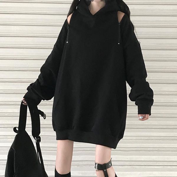 

goth women hooded hoodie balck loose casual zipper hollow pullover thick long coat japan korea young girl fashion autumn 20201, Black