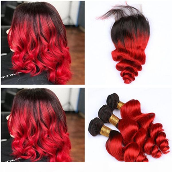 

black to red ombre loose wave human hair weaves with closure 3bundles #1b red ombre loose wavy malaysian human hair wefts with closure