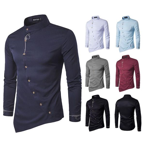 

youth personality oblique button irregular multicolor henry's collar high-grade shirt men shirt, White;black