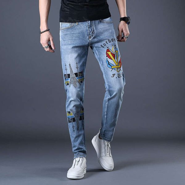 

autumn and winter blue straight tube jeans men's embroidery patch brand slim fit versatile small leg pants youth fashion
