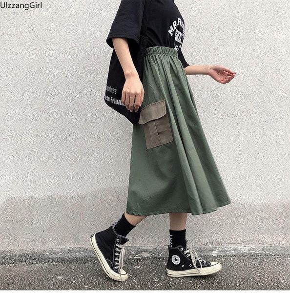 

khaki camo green pocket high waist cargo streetwear harajuku korean women fashion loose a-line midi long skirt summer mori girl1, Black