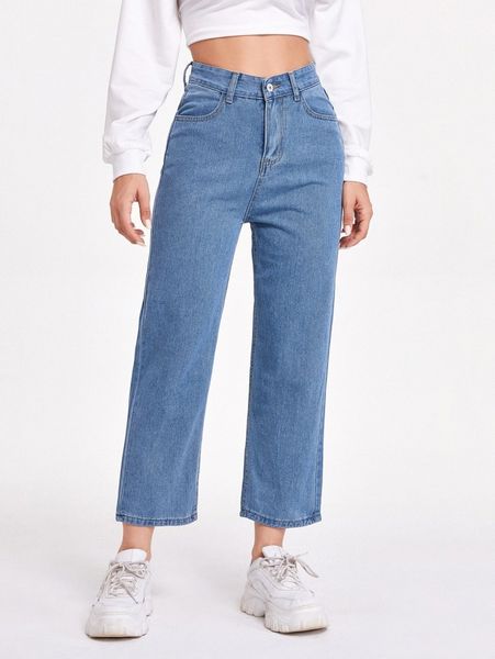 

solid pocket detail cropped mom jeans d3xs#, Blue