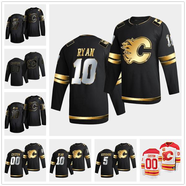 

mark giordano calgary flames 2020-21 golden edition black jersey milan lucic derek ryan david rittich matthew tkachuk nordstrom zary jerseys, Black;red