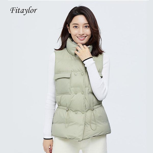 

fitaylor ultra light down vest women short jacket white 90% duck down coat windproof lightweight warm waistcoat adjustable waist, Black