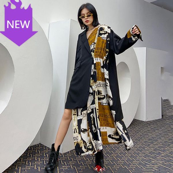 

loose fit fashion tide spring autumn2021 women pattern printed black irregular big size dress new lapel long sleeve, Black;gray