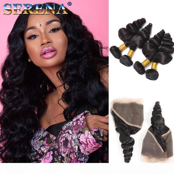 

peruvian virgin human hair 13x4 lace frontal ear to ear closure loose wave natural black part 8-22 inch full wave bundles with frontal, Black;brown