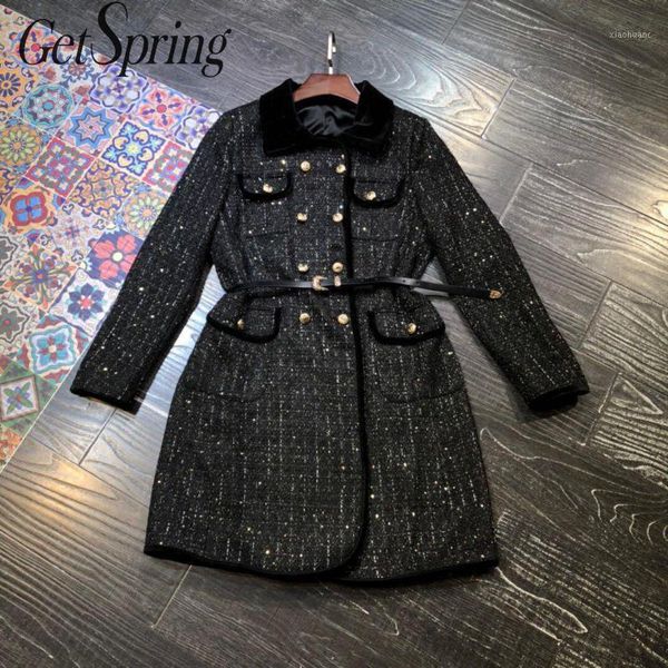 

getspring women coat black tweed coat double breasted long sleeve long with belt temperament ladies jacket autumn winter1