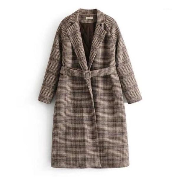 

england style brown contrast color plaid woolen trench with sashes retro winter women lapel mid long windbreaker coat outerwear1, Tan;black