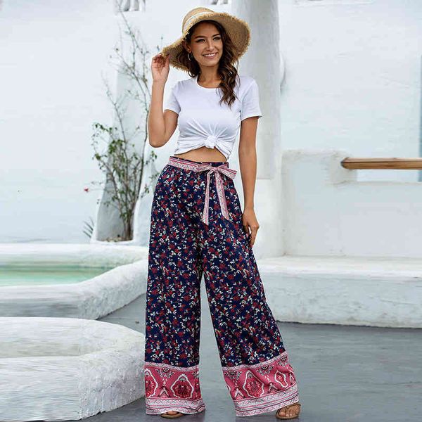

summer fashion women bohemian floral print sashes long pants high waist vintage pants boho beach trousers, Black;white