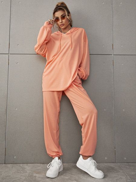 

drop shoulder drawstring hoodie & sweatpants t1r5#, White