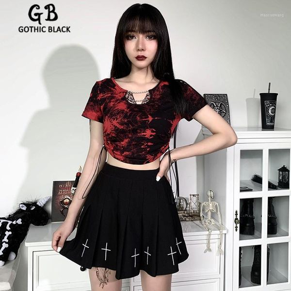 

gothbalck streetwear slim short sleeve tie-dye crop gothic women chain hollow out drawstring t-shirt 2020 female summer, White