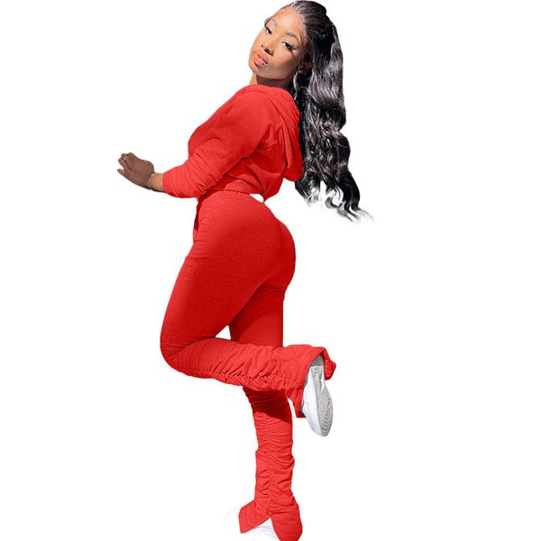 

european and american women's solid color sweater pleated pants pocket hoodie sweatpants suit, Gray