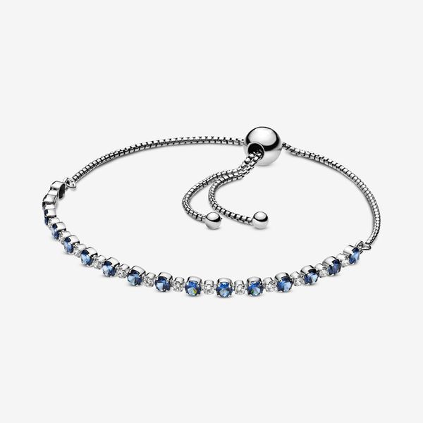 Blue and Clear Sparkle Slider Link Pulseira 100% 925 Sterling Prata Ajustável Cúbico Zircônia Cadeia Para As Mulheres Moda Casamento Acesso Jóias Acessórios