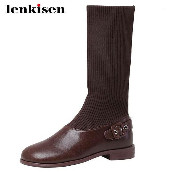 

boots lenkisen knitting real leather buckle decorations high fashion round toe thick low heel slip on dating mid-calf l881, Black