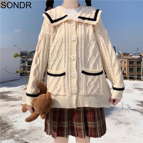 

cardigan sweater women 2020 autumn winter korea college style navy collar student knitting jacket lady all-match twist sweater, White