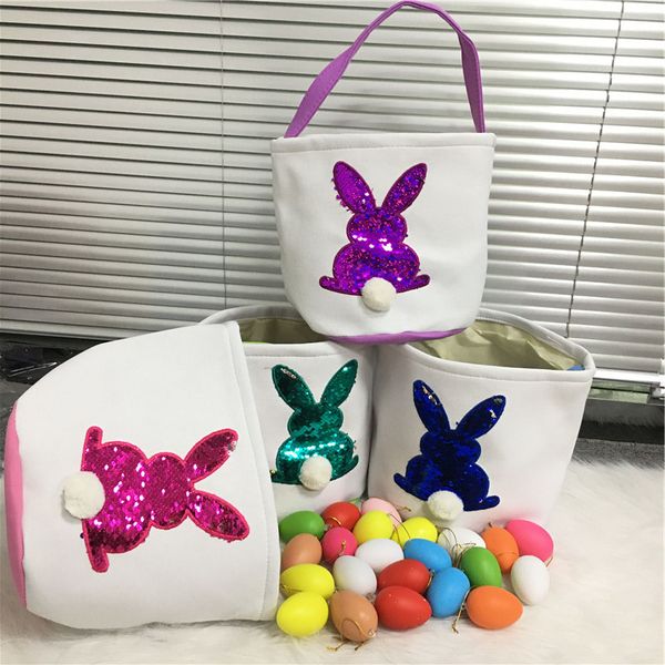 

4 цвета пасхальная корзина bunny реверсивные блестки кролика холст джут tote сумка пасхальное ведро для фестивальных украшений