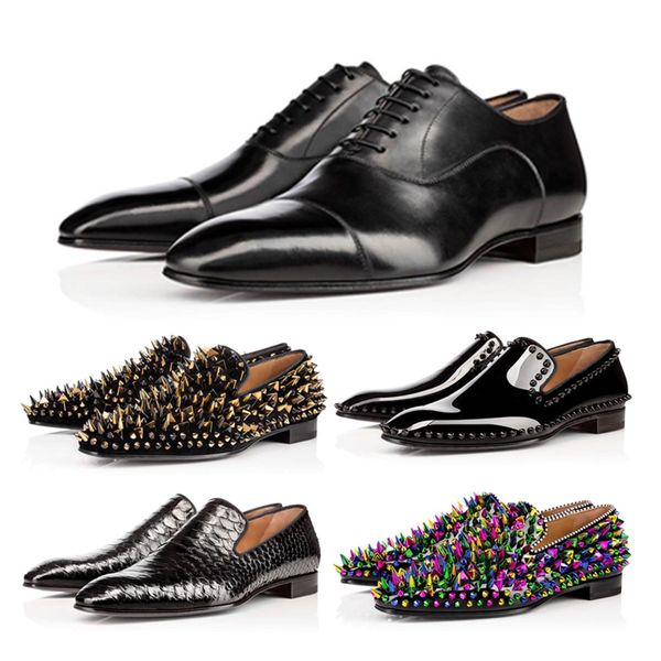 

red bottom mens leather shoes matte patent leather suede stylist shoe rivets man shoe business wedding banquet dress shoes, Black