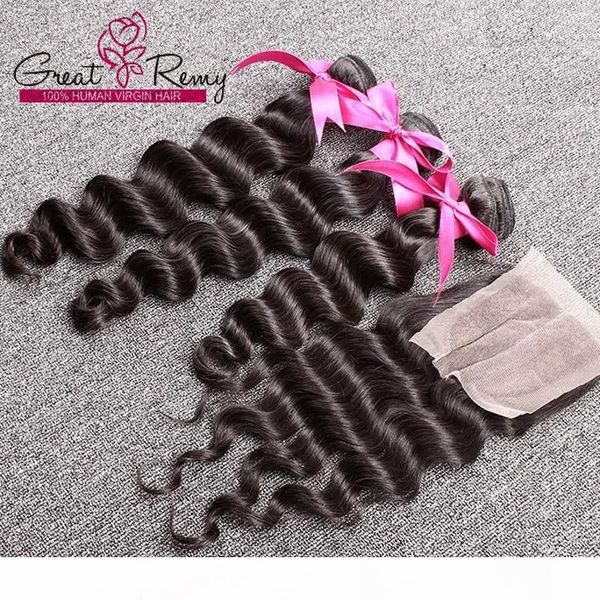 

3pcs peruvian hair weave extensions natural color wavy loose deep wave 1pc middle part lace closure 4"x4" with hair bundles, Black